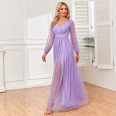 Elegantes Abendkleid mit doppeltem V-Ausschnitt, transparenten langen Ärmeln, Tüll, glänzend, hell, A-Linie, voll gefüttert, Hochzeits- und Partykleid