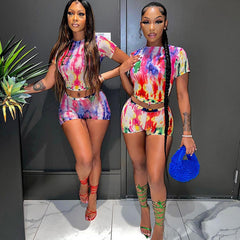 Street Mesh Floral Print T shirt Top Shorts Casual Set