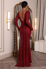 Backless Long Sleeves Slim Fit Slit Cocktailmal Maxi Dress