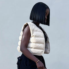 Gilet rembourré en coton à col rond et boutons-pression, couleur unie, slim, sans manches