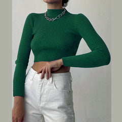Langärmliges Strickpullover-Oberteil mit hohem Kragen und hoher Taille
