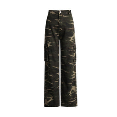 High Street Retro Denim Camouflage Pants Trendy Multi Pocket Workwear Straight Leg Pants