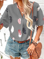 Collared Feather Printed Short Sleeved Top Shirt