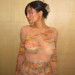 Robe à col rond transparente imprimée en maille