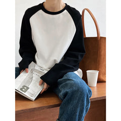 Casual Contrast Color Profile T shirt Loose Idle Color Block Raglan Sleeves Long Sleeve Bottoming Top