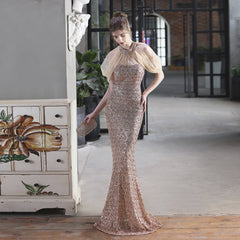 Pailletten Mesh Toast Kleid Braut Lange Wertschätzung Abendessen Neckholder Fischschwanz Hochzeit Auto Modell Ausstellung Kleid