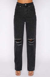 Street Hipster Ordinary Washed Solid Color Straight-Leg Denim Trousers
