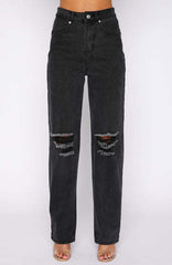 Europe America Street Hipster Ripped Washed Denim Straight Trousers