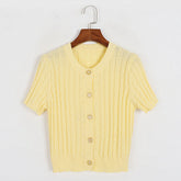 Round Neck Short Sleeve Sweater Twisted Pleach Twist Slim Single Breasted Short Top