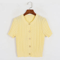 Round Neck Short Sleeve Sweater Twisted Pleach Twist Slim Single Breasted Short Top