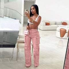 Work Poly Urethane Leather High Waist Street Shooting Straight Casual Trousers