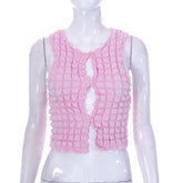 Slim Popcorn Plaid Sleeveless Top Short T shirt