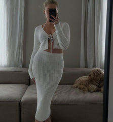 Sweet Casual Hollow Out Cutout Out Short Lace Up Cropped Knitted Cardigan Coat Skirt Knitting Suit