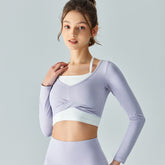 Faux Zweiteiliges Sport-Top mit Brustpolster, halbfixiert, kurz, schmale Passform, schlankmachende Yoga-Jacke, atmungsaktives Workout
