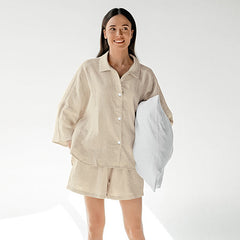 Pyjamas aus Baumwollleinen, Oberbekleidung, langärmelige Shorts, zweiteiliges Set, lockere Heimkleidung