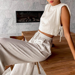 Padded Shoulder Sleeveless Top Trousers Two Piece Set Casual Cotton Linen Suit