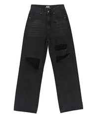 Schwarz Grau High Waist Zerrissene Jeans Baggy Gerade Hose