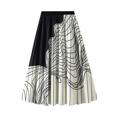 Pleated Skirt Mid Length Black White Contrast Color Irregular Asymmetric Striped Slimming Retro Long Skirt