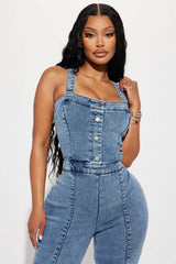 Denim-Jumpsuit, schmale Passform, Bodysuit, tailleneng, verwaschener Hosenträger-Jumpsuit