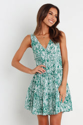 Ärmelloses, rückenfreies Kleid mit kleinem Blumenmuster und V-Ausschnitt