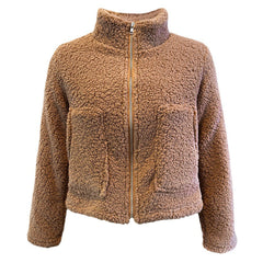 StCollar Zipper Plush Solid Color Pocket Casual Long Sleeve Coat