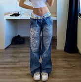 Lose Hose mit unregelmäßigem, asymmetrischem Musterdruck und niedriger Taille, plissiert, gewaschen, alt, mehrfarbig, Jeans ohne Gürtel, Vintage