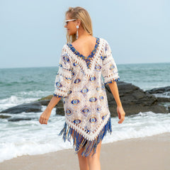 Cutout Eyes Pattern Lace HCrocheting Crochet Vacation Bikini Cover up Tassel Beach Dress