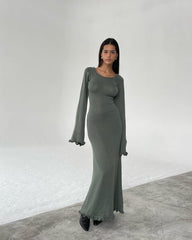 Backless Slim Fit Comfortable High Waist Lace Up Woolen Bell Sleeve Stringy Selvedge Dress
