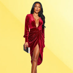 Robe longue fendue à manches longues, couleur unie, plissée, style V