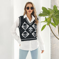 Gilet en jacquard losange tête de mort Halloween, pull, gilet, tricot, hiver