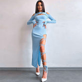 Leggings Split Kleid Einfarbig Langarm Aushöhlen Cutout Kleid