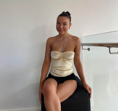 Halter Strap Gathers Word Backless Tube Top