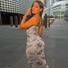 Printing Hollow Out Cutout Backless Bandeau Slim Fit Dress