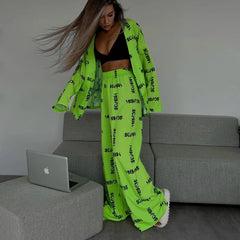 Casual Lace up Long Sleeve Pajamas High Waist Trousers Suit Home Wear Loose Printed Wear