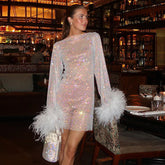 Robe en maille scintillante et fine en fourrure