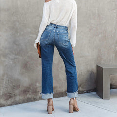 Office High Waist Slim Trousers Flanging Jeans