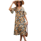 Robe fleurie décontractée moulante à taille fine et décolleté en V