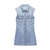 Collared Sleeveless Vest Dress Straight Slim Single Breasted Denim Dress