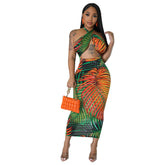 Sleeveless Lace up Backless Dress Split Printed Dress