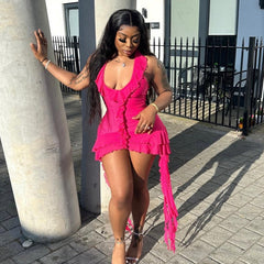 Einfarbiges ärmelloses, niedriges Halsband, Holzohren, unregelmäßiges, asymmetrisches, hüftgewickeltes kurzes Kleid