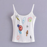 Süßes Smiley-Gesicht, kurzer Träger, schmal, bedruckt, hochelastisch, kurz, kleines Tanktop, Grafik-Smiley