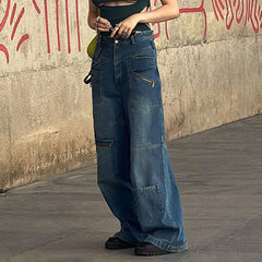Jean droit à poches multiples et fermeture éclair, coupe usée, pantalon large