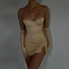 Shiny Slit Chest Flattering Sling Hip Slim Fit Party Bar Dress