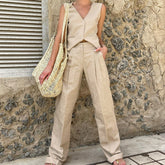 Costume deux pièces décontracté en coton et lin, gilet sans manches, pantalon