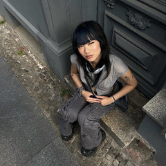 Street Retro Low Waist Denim Overalls Printed Large Pocket Straight Casual Pants