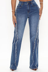 Jean droit taille haute délavé et effiloché tendance