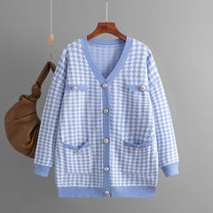 Sweater Loose V neck Houndstooth Long Sleeve Knitted Cardigan Coat Contrast Color