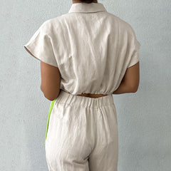 Cotton Linen Mixed Yarn Khaki Suit Drop Shoulder Sleeve Vest Pants