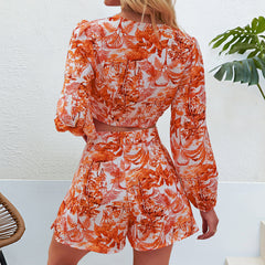 Printed Waist Lace up Deep V Plunge Long Sleeve Cropped Outfit Top Shorts Set