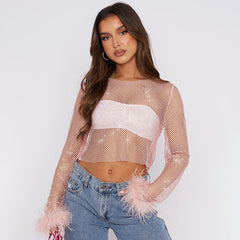 Fishnet T shirt Long Sleeve Short Top